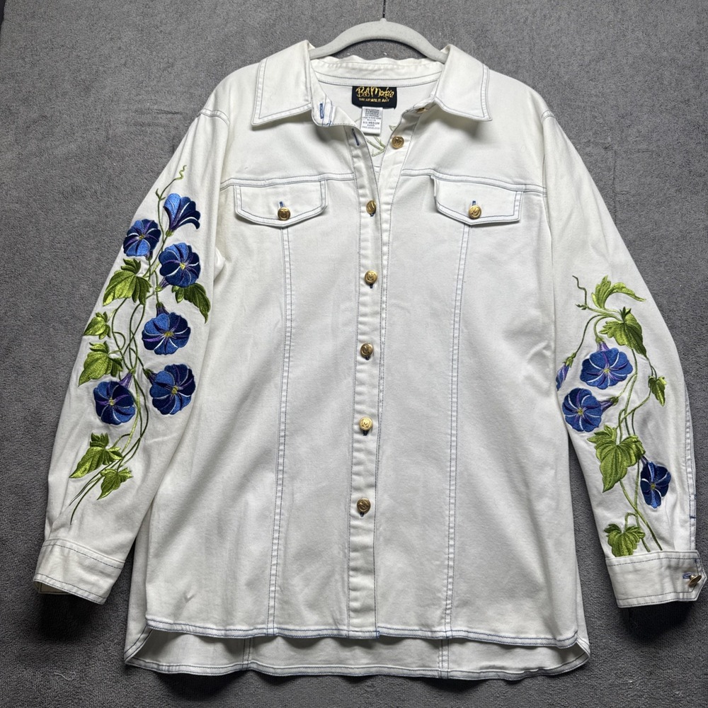 Bob Mackie Wearable Art Women's White Denim Shirt Floral Embroidered Gold Button